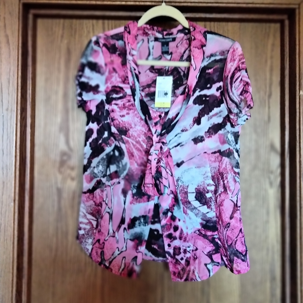 Short ruffled sheer top with tie front in black, pink and gray.  New with tags